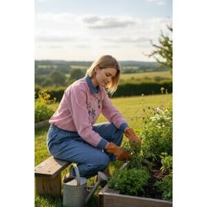 VTG The Quacker Factory M Blue Chambray Pant Red White Checkered Plaid Top Set